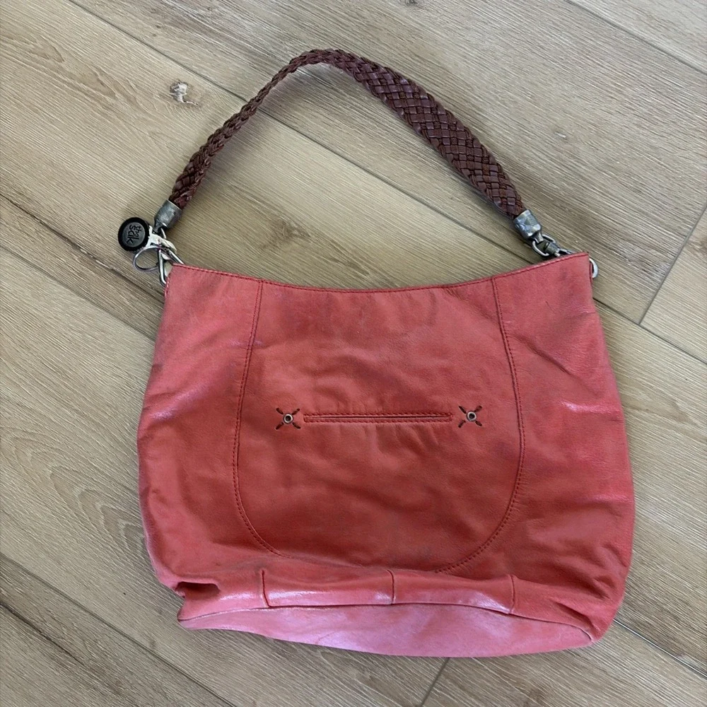 The Sak Boho Light Red Genuine Leather Braided Strap Hippie Medium Purse Bag